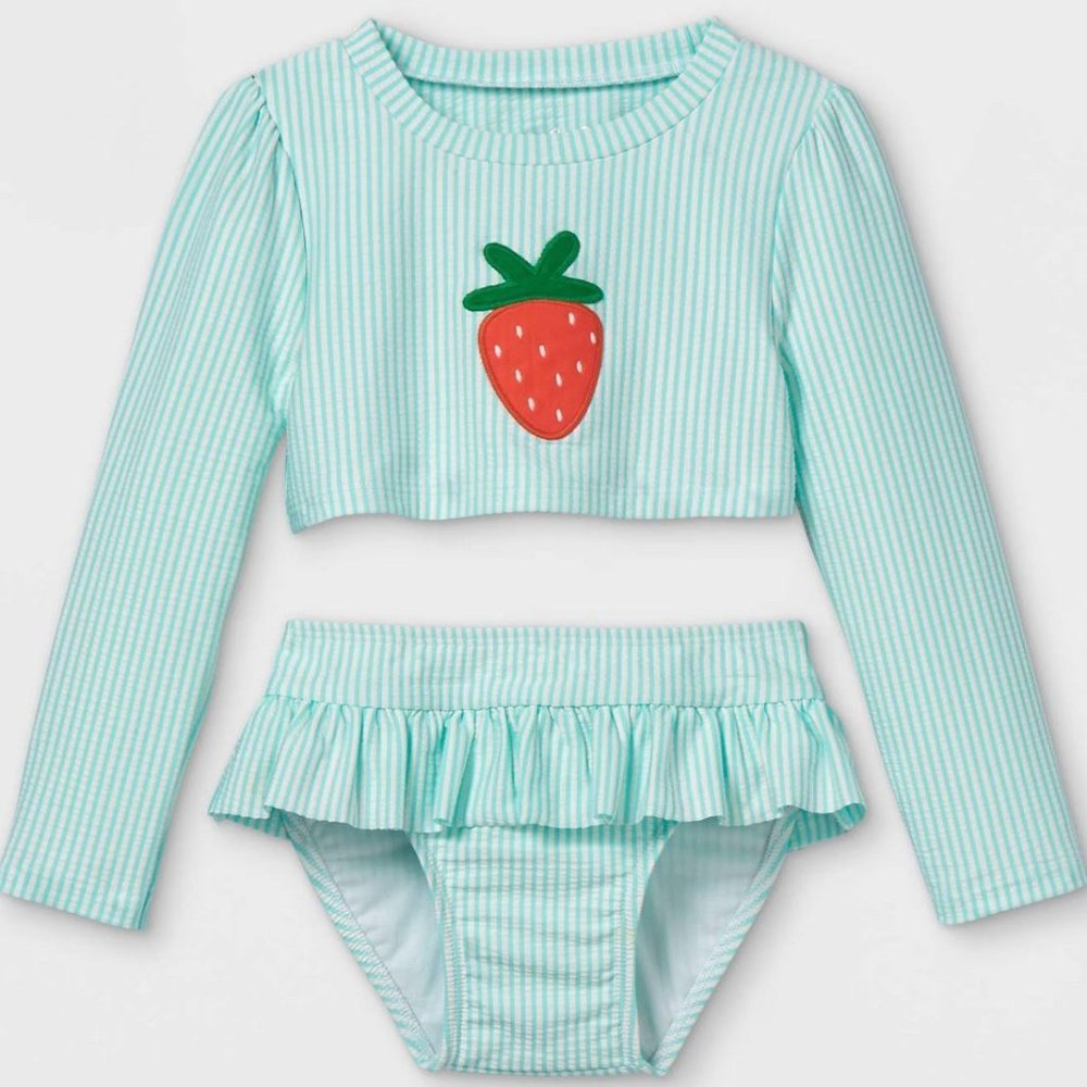 Cat & Jack Girls Long Sleeve Striped Strawberry Two Piece Swimsuit Blue 12M NWT